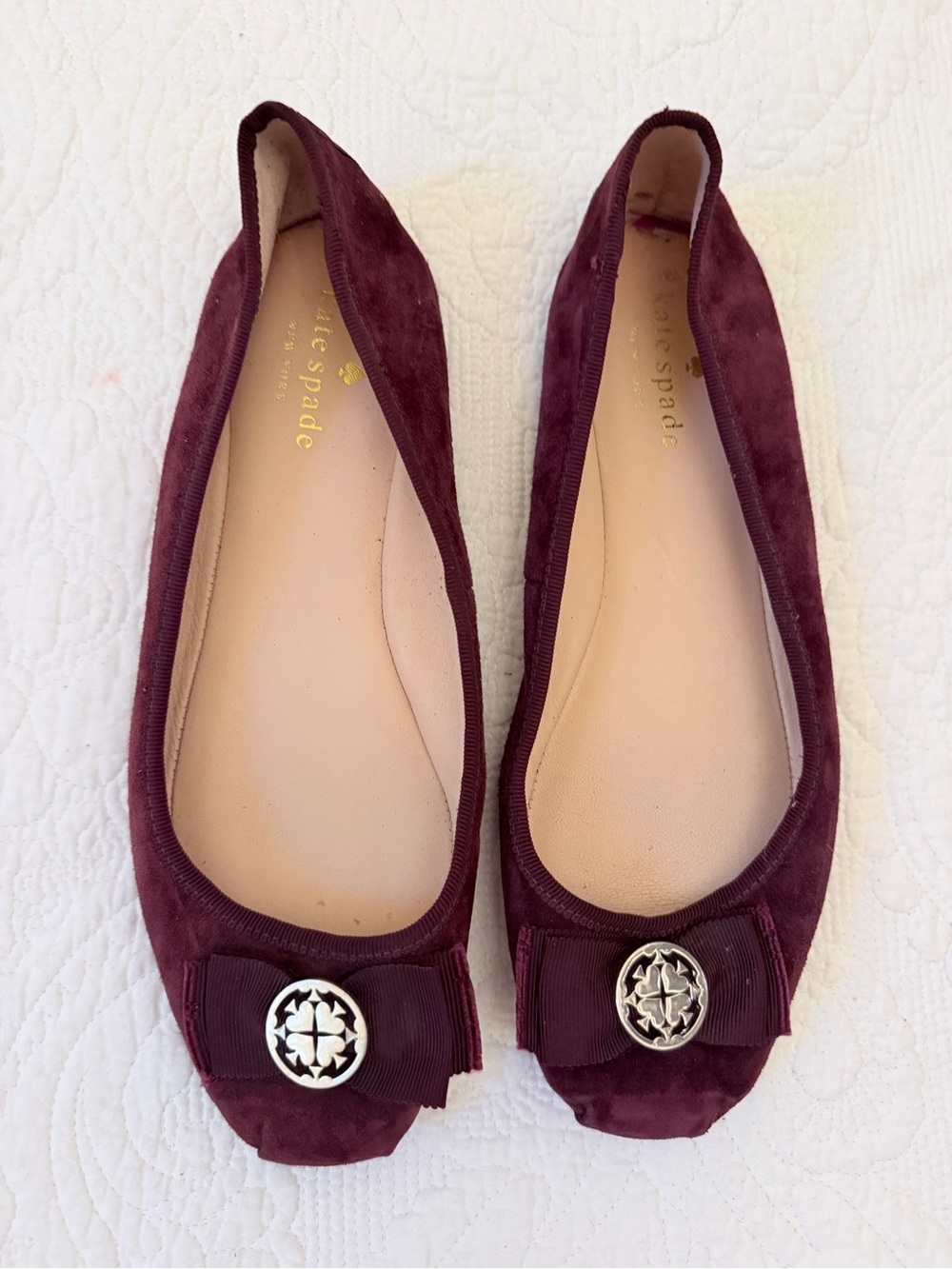 kate spade Burgundy Suede Bow Flats with Silver Emblem
